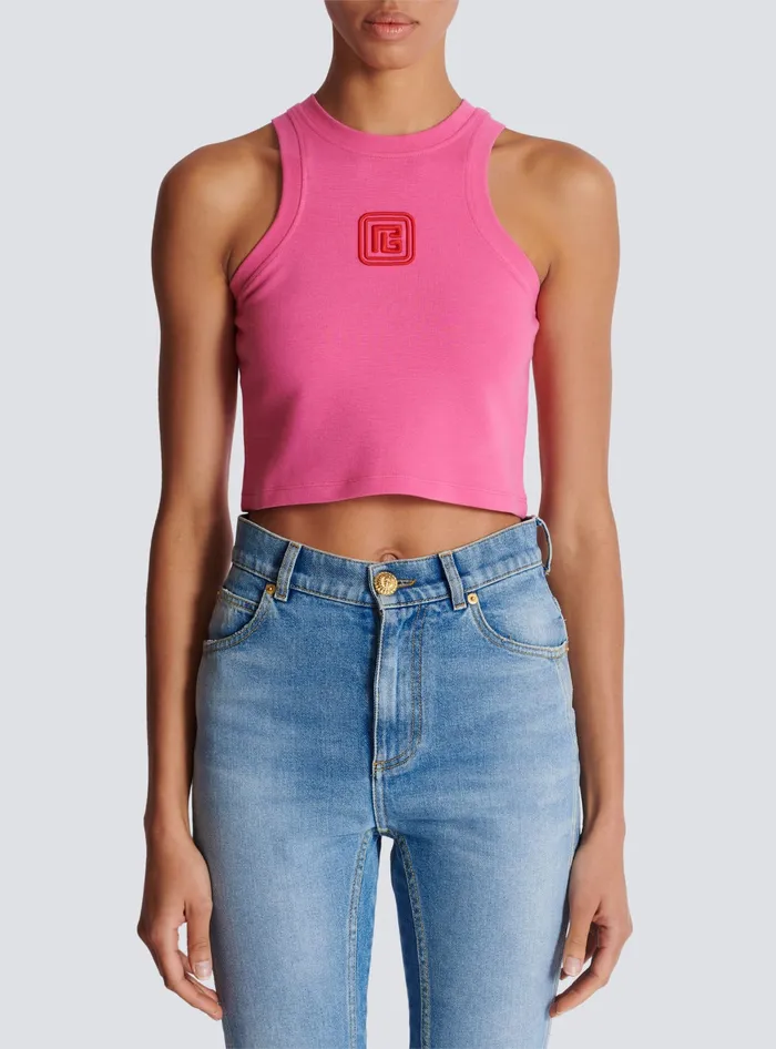 Balmain Cropped Tank Top With Retro PB Embroidery Pink Women TShirts