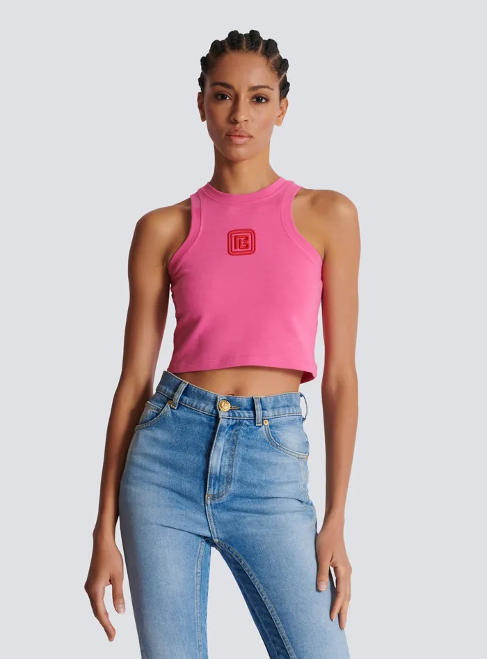 Balmain Cropped Tank Top With Retro PB Embroidery Pink Women TShirts