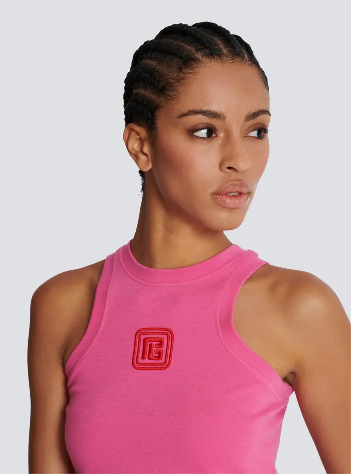 Balmain Cropped Tank Top With Retro PB Embroidery Pink Women TShirts