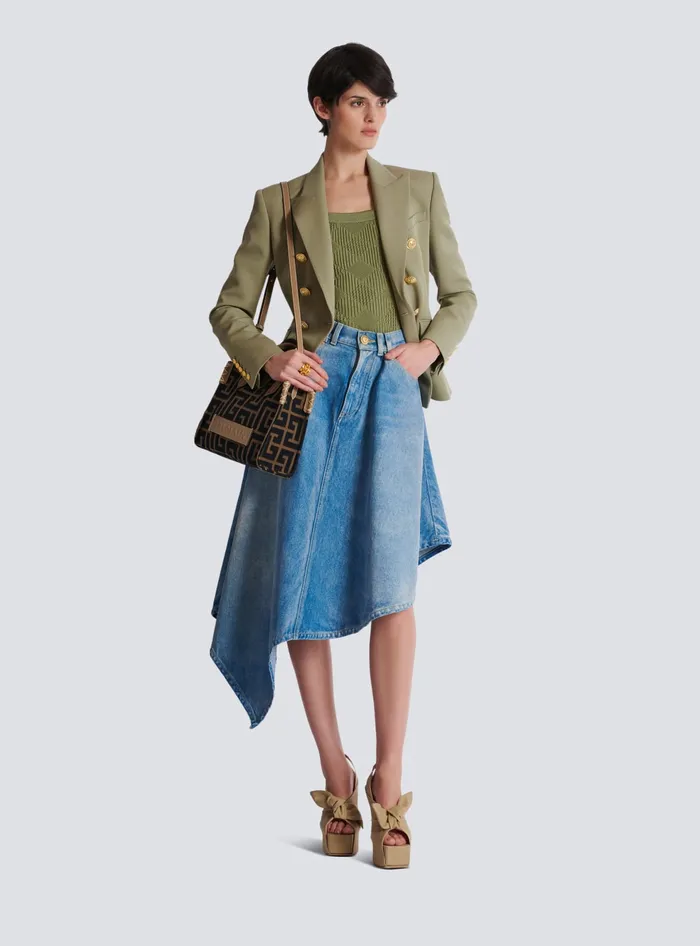 Balmain Cropped Top In Gingham Openwork Knit Green Women Tops And Shirts