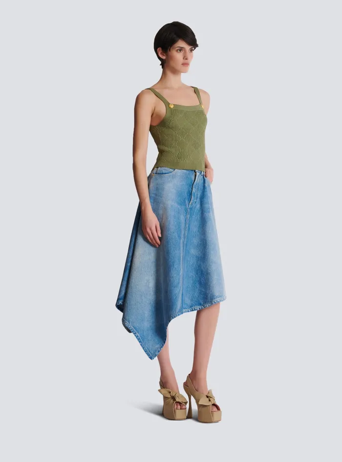 Balmain Cropped Top In Gingham Openwork Knit Green Women Tops And Shirts