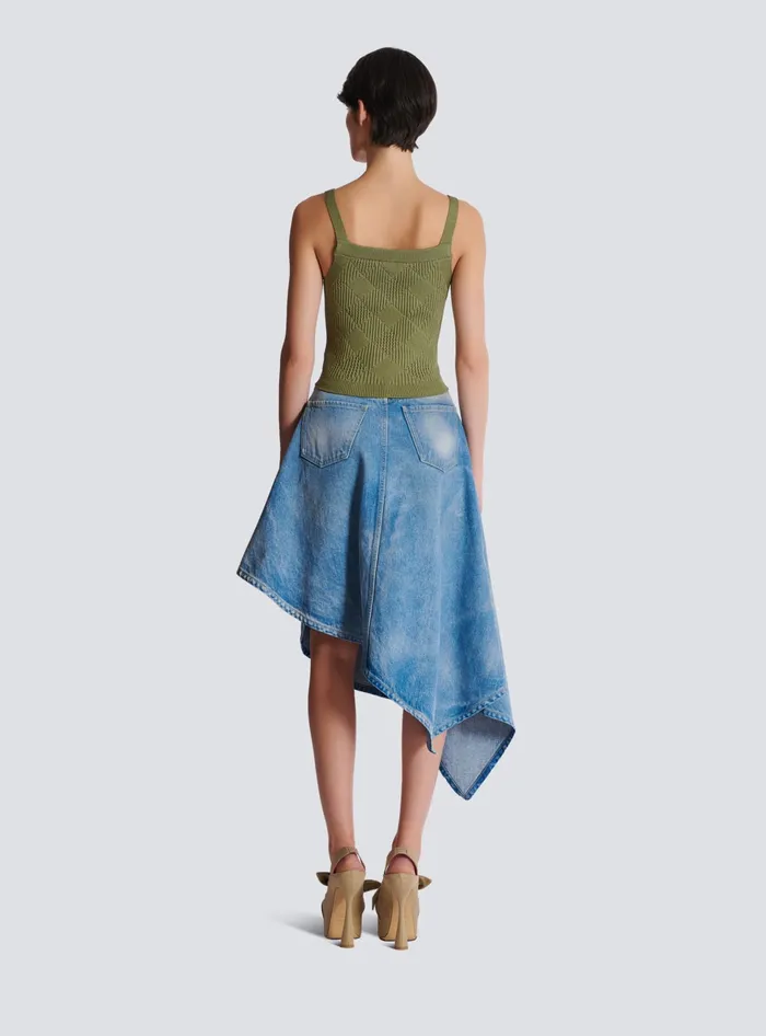Balmain Cropped Top In Gingham Openwork Knit Green Women Tops And Shirts