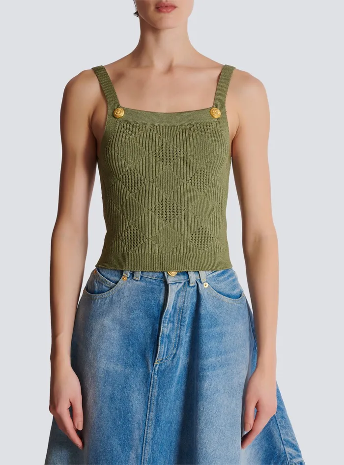 Balmain Cropped Top In Gingham Openwork Knit Green Women Tops And Shirts