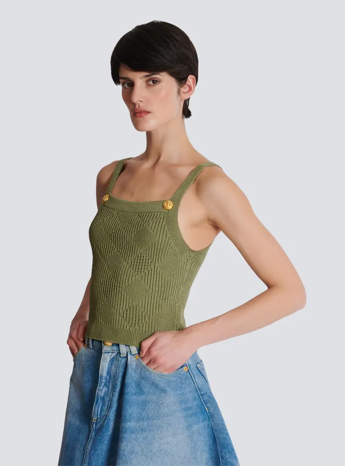 Balmain Cropped Top In Gingham Openwork Knit Green Women Tops And Shirts