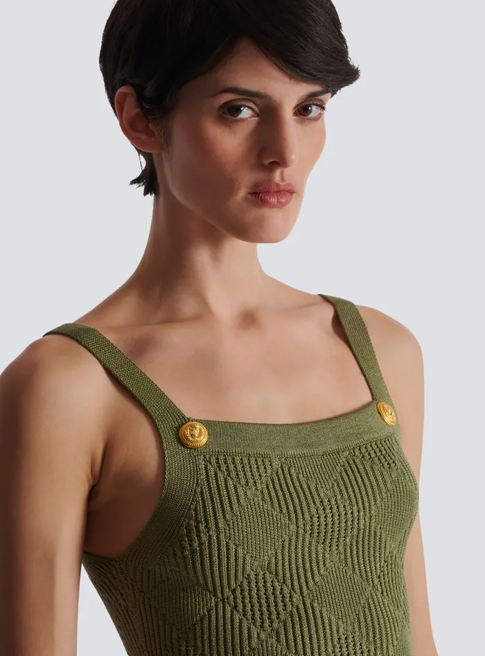 Balmain Cropped Top In Gingham Openwork Knit Green Women Tops And Shirts