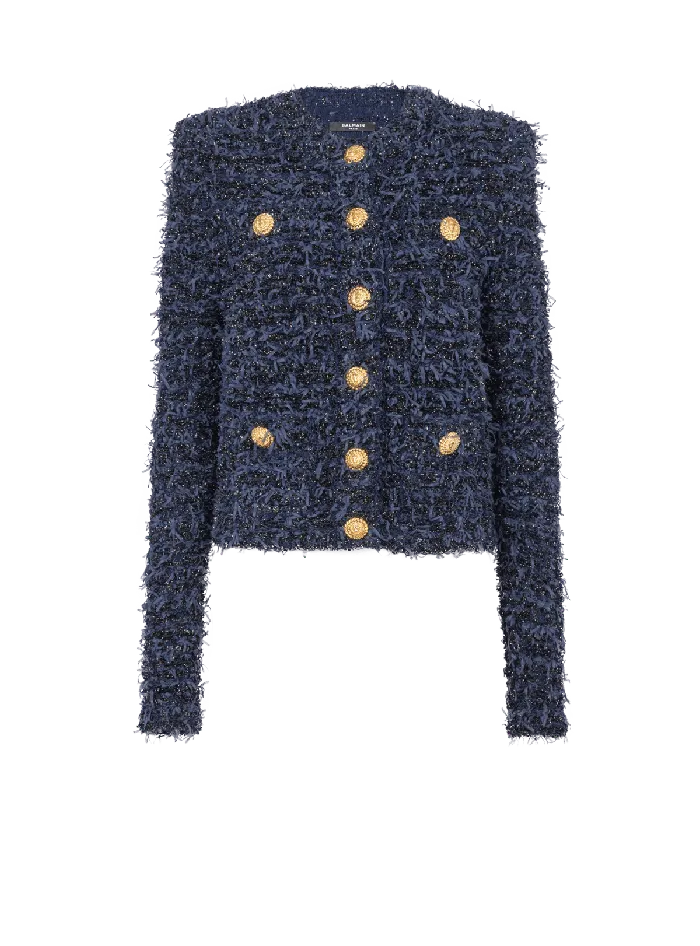 Balmain Cropped Tweed Knit Jacket Navy Women Jackets And Blazers