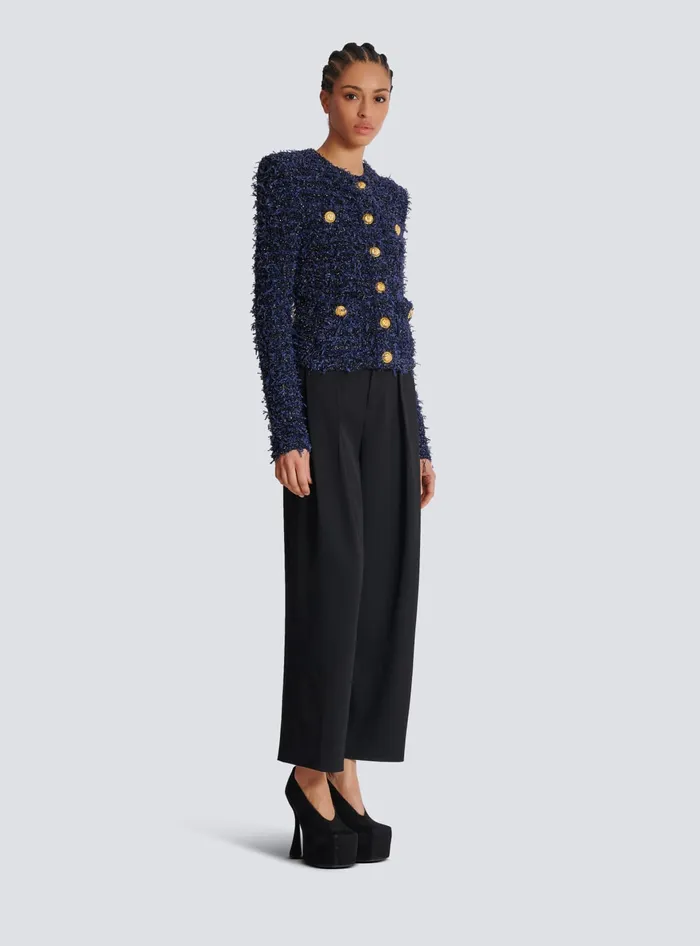 Balmain Cropped Tweed Knit Jacket Navy Women Jackets And Blazers