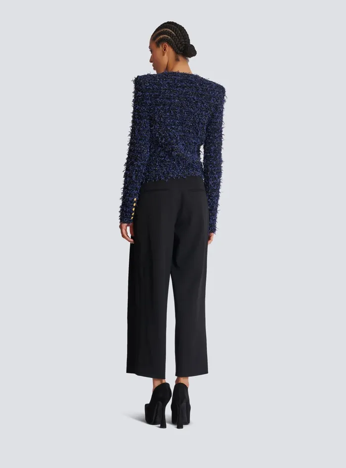 Balmain Cropped Tweed Knit Jacket Navy Women Jackets And Blazers