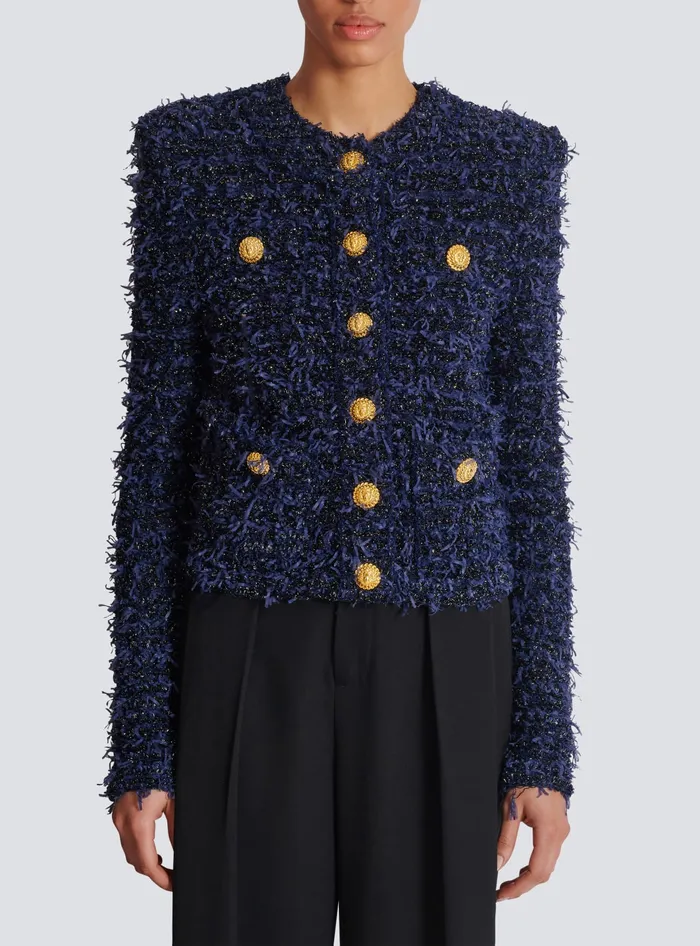 Balmain Cropped Tweed Knit Jacket Navy Women Jackets And Blazers