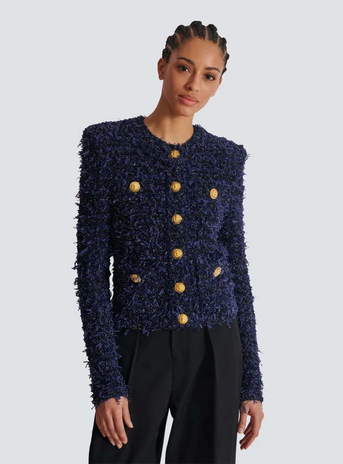 Balmain Cropped Tweed Knit Jacket Navy Women Jackets And Blazers
