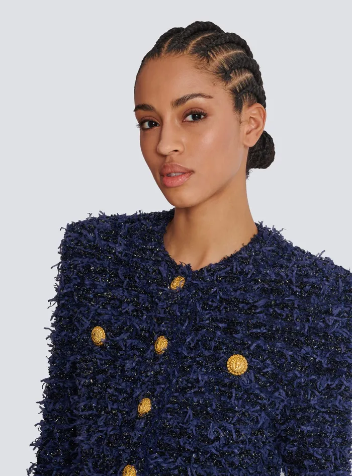 Balmain Cropped Tweed Knit Jacket Navy Women Jackets And Blazers