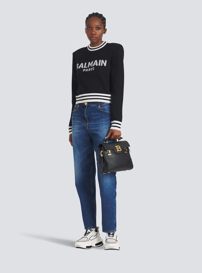 Balmain Cropped Wool Sweatshirt With Logo Black Women Knitwear