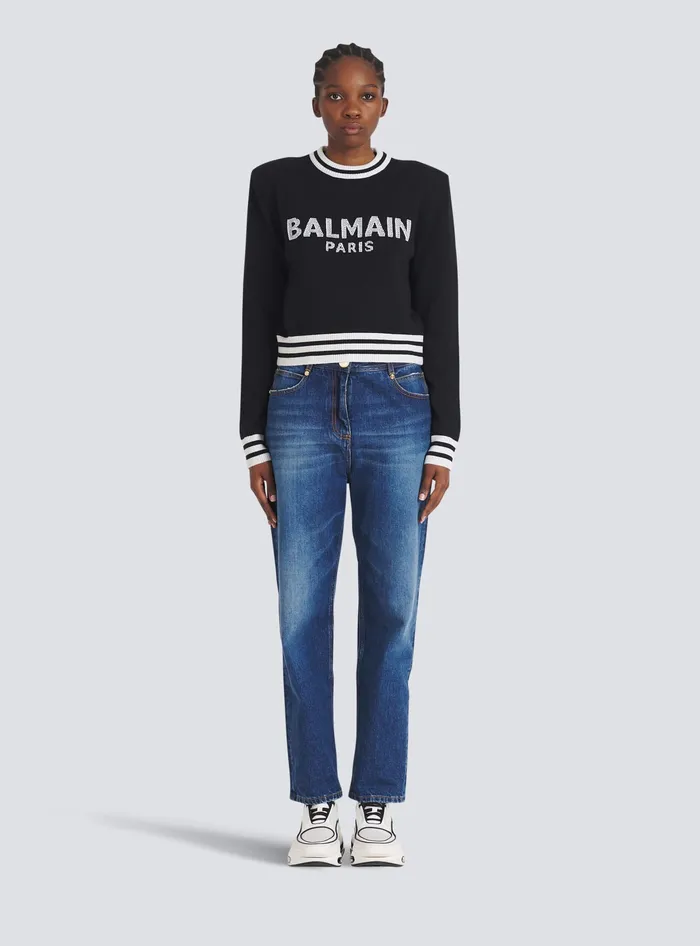 Balmain Cropped Wool Sweatshirt With Logo Black Women Knitwear