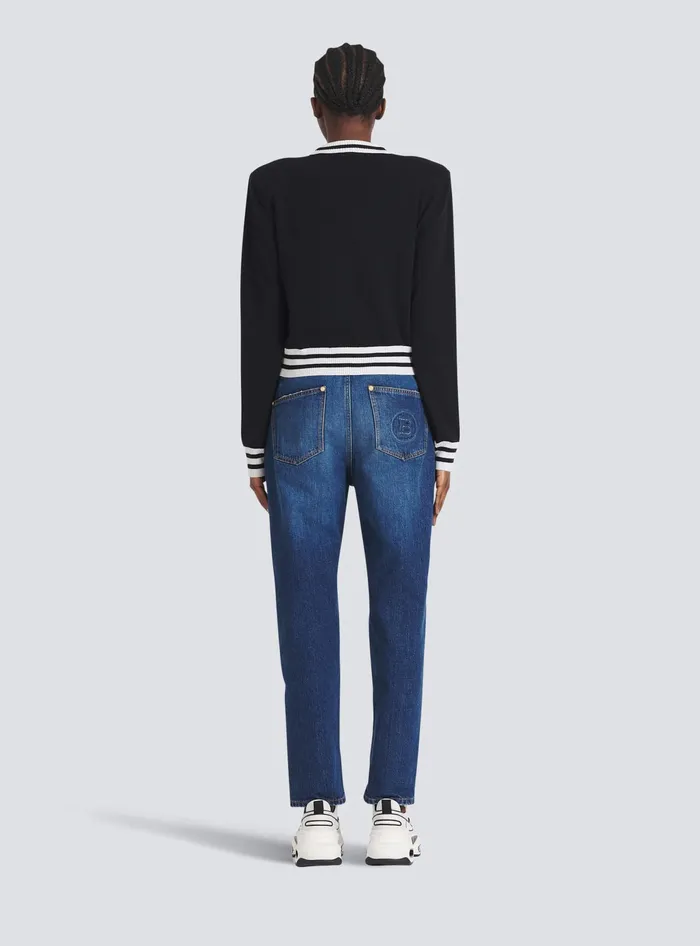 Balmain Cropped Wool Sweatshirt With Logo Black Women Knitwear