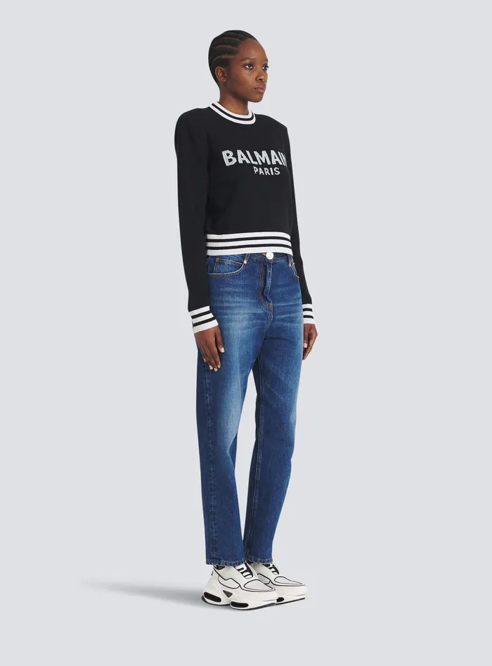 Balmain Cropped Wool Sweatshirt With Logo Black Women Knitwear