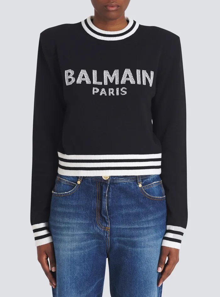 Balmain Cropped Wool Sweatshirt With Logo Black Women Knitwear