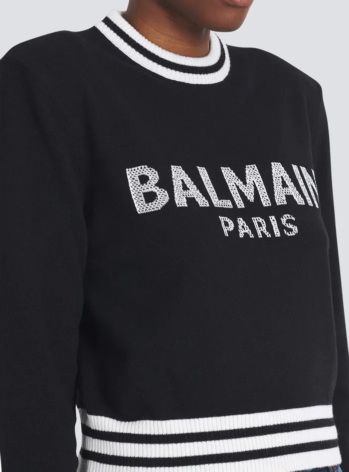 Balmain Cropped Wool Sweatshirt With Logo Black Women Knitwear