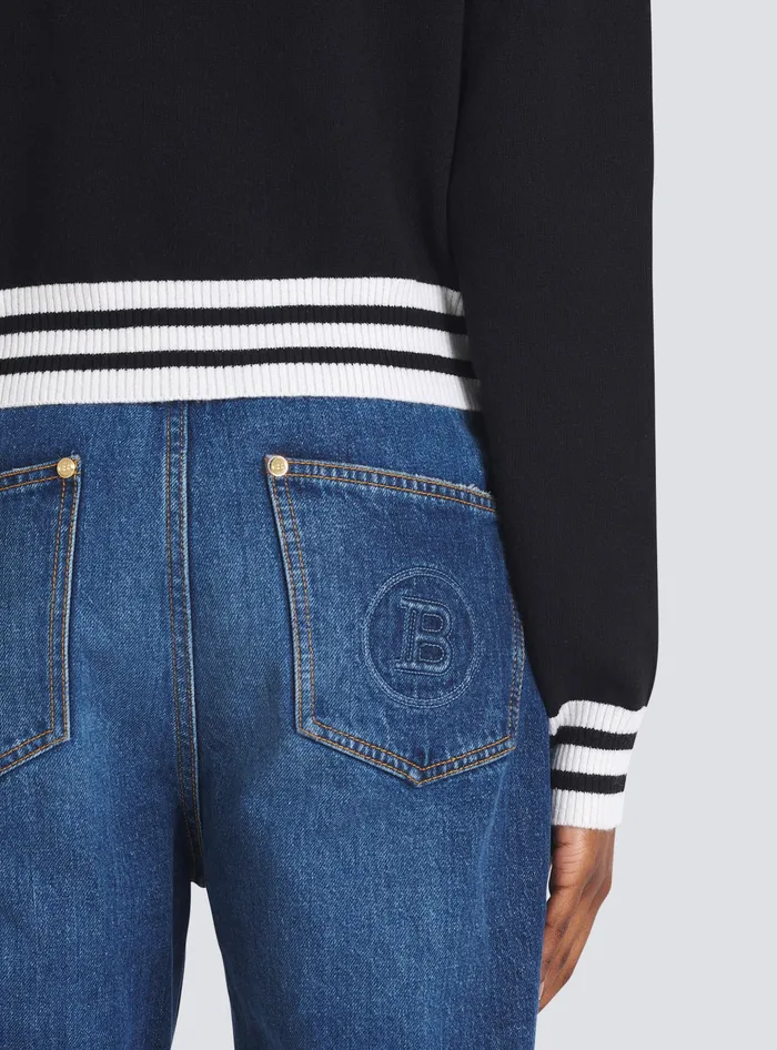 Balmain Cropped Wool Sweatshirt With Logo Black Women Knitwear