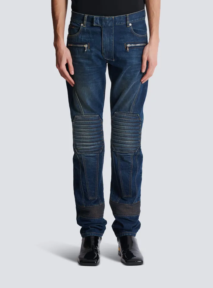 Balmain Denim Straightleg Biker Jeans Navy Men Denim