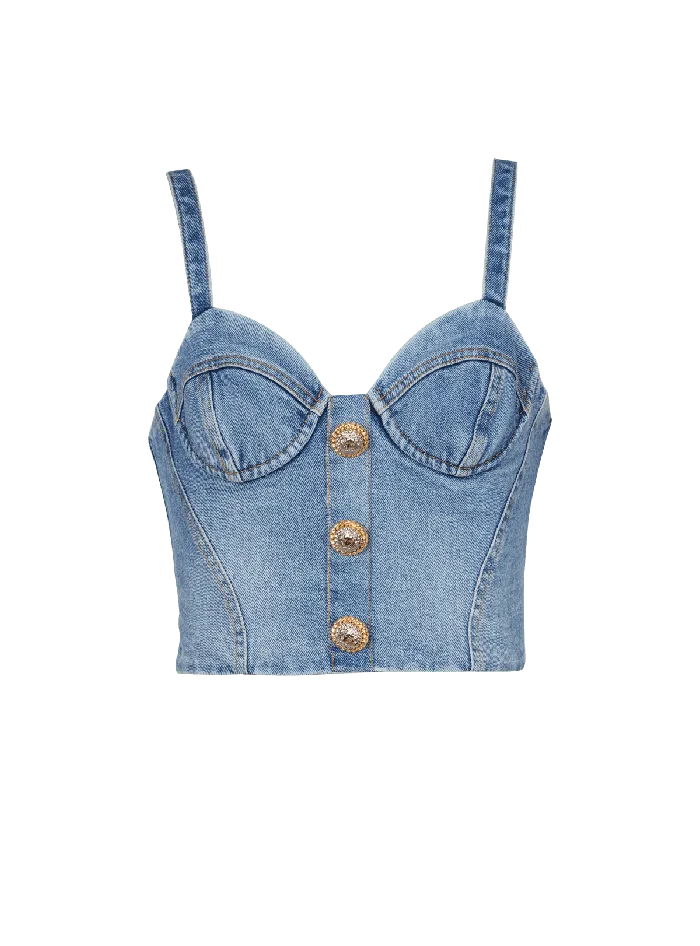 Balmain Denim Top With Thin Straps Blue Women Tops And Shirts