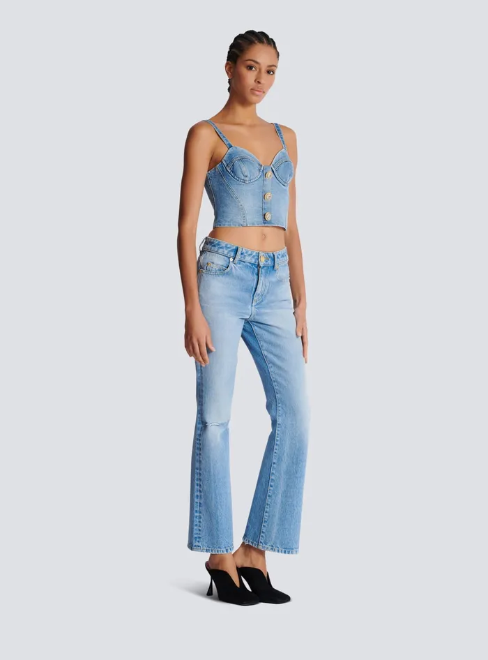 Balmain Denim Top With Thin Straps Blue Women Tops And Shirts