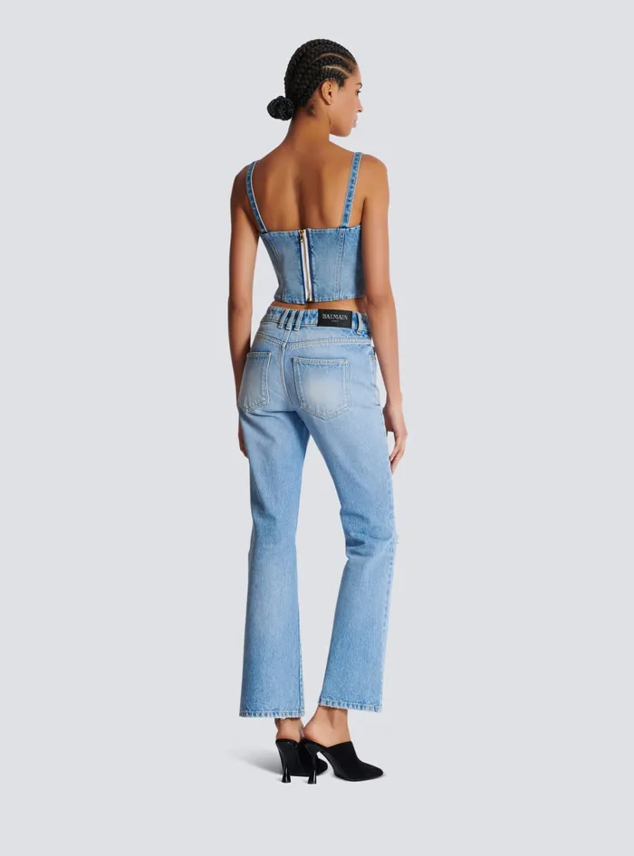 Balmain Denim Top With Thin Straps Blue Women Tops And Shirts