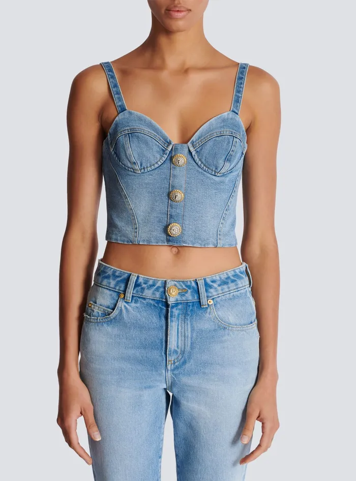 Balmain Denim Top With Thin Straps Blue Women Tops And Shirts