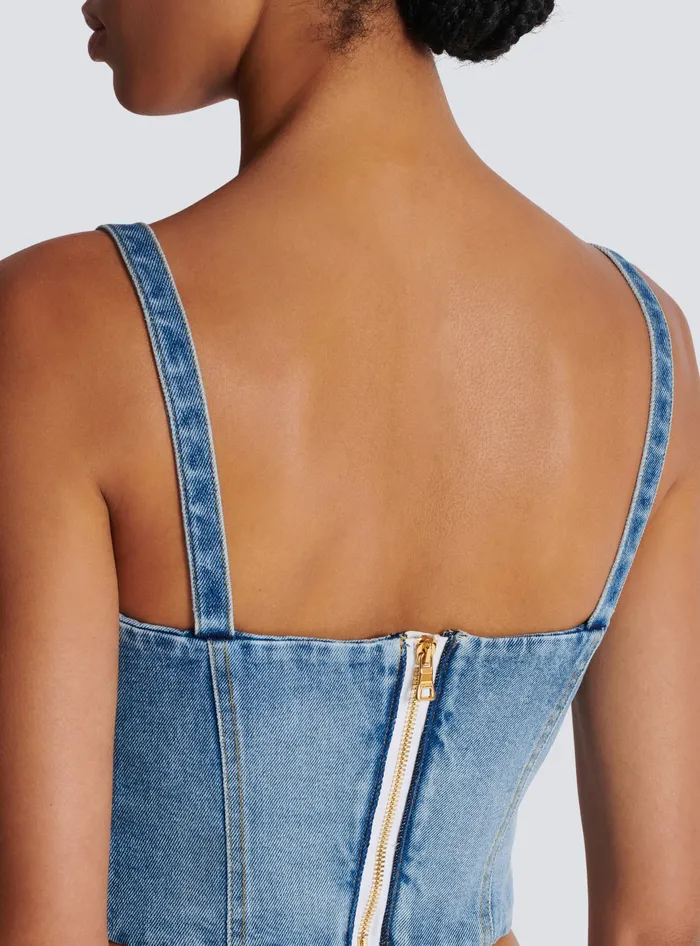 Balmain Denim Top With Thin Straps Blue Women Tops And Shirts