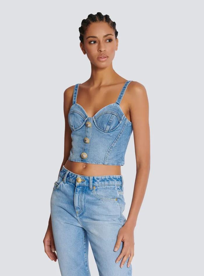 Balmain Denim Top With Thin Straps Blue Women Tops And Shirts