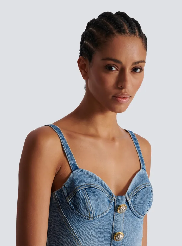 Balmain Denim Top With Thin Straps Blue Women Tops And Shirts