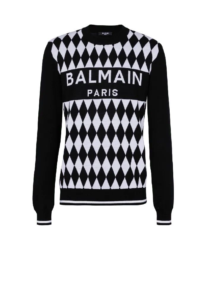 Balmain Diamond Paris Twotone Jacquard Jumper Black Men Knitwear