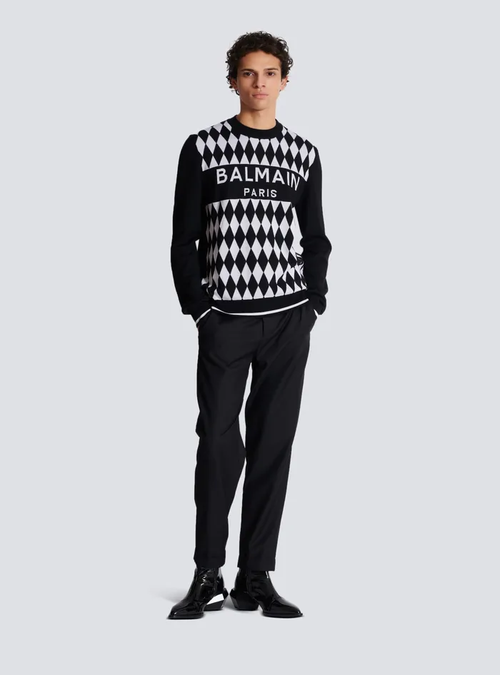 Balmain Diamond Paris Twotone Jacquard Jumper Black Men Knitwear