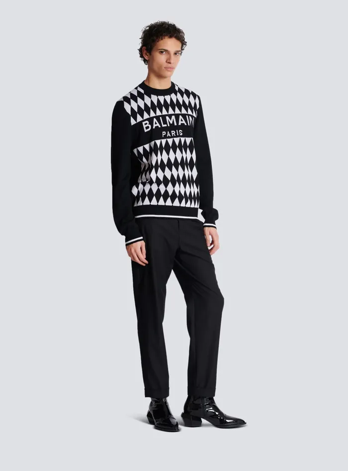 Balmain Diamond Paris Twotone Jacquard Jumper Black Men Knitwear