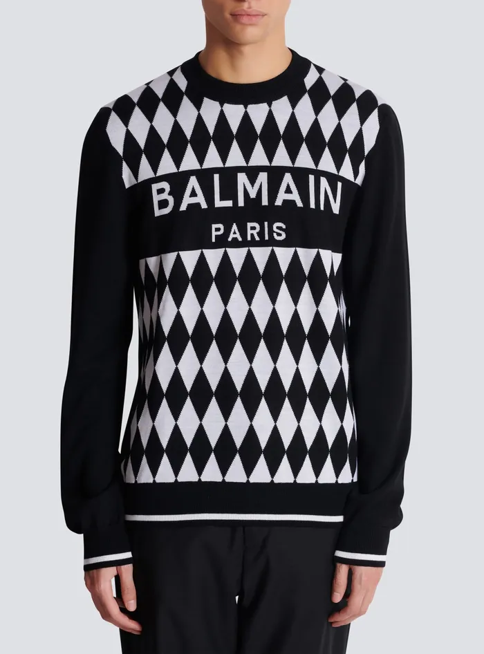 Balmain Diamond Paris Twotone Jacquard Jumper Black Men Knitwear
