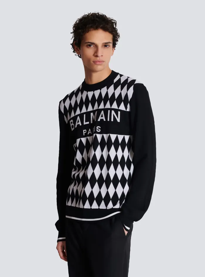 Balmain Diamond Paris Twotone Jacquard Jumper Black Men Knitwear