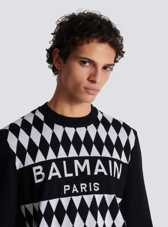 Balmain Diamond Paris Twotone Jacquard Jumper Black Men Knitwear