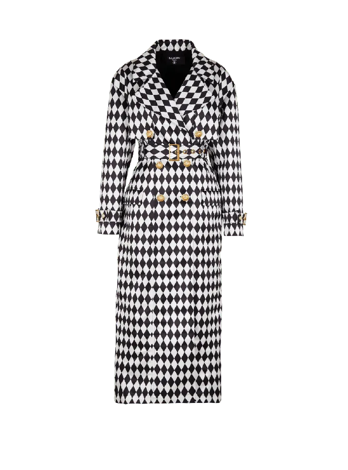 Balmain Diamond Print Belted Trench Coat Black Women Outerwear