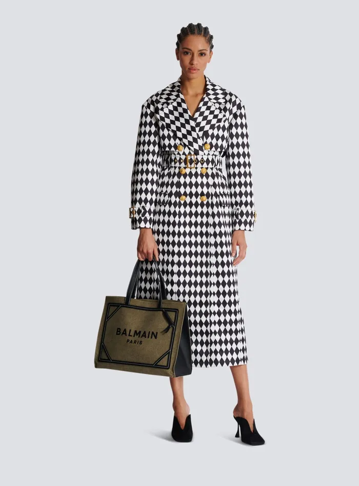 Balmain Diamond Print Belted Trench Coat Black Women Outerwear