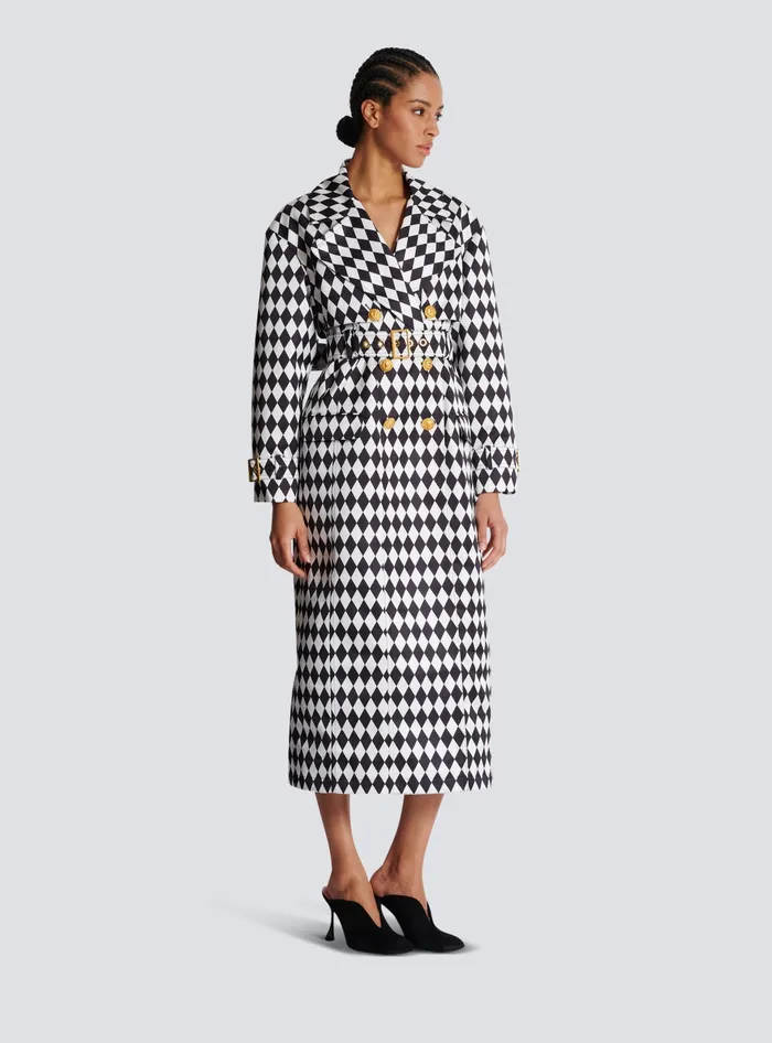 Balmain Diamond Print Belted Trench Coat Black Women Outerwear