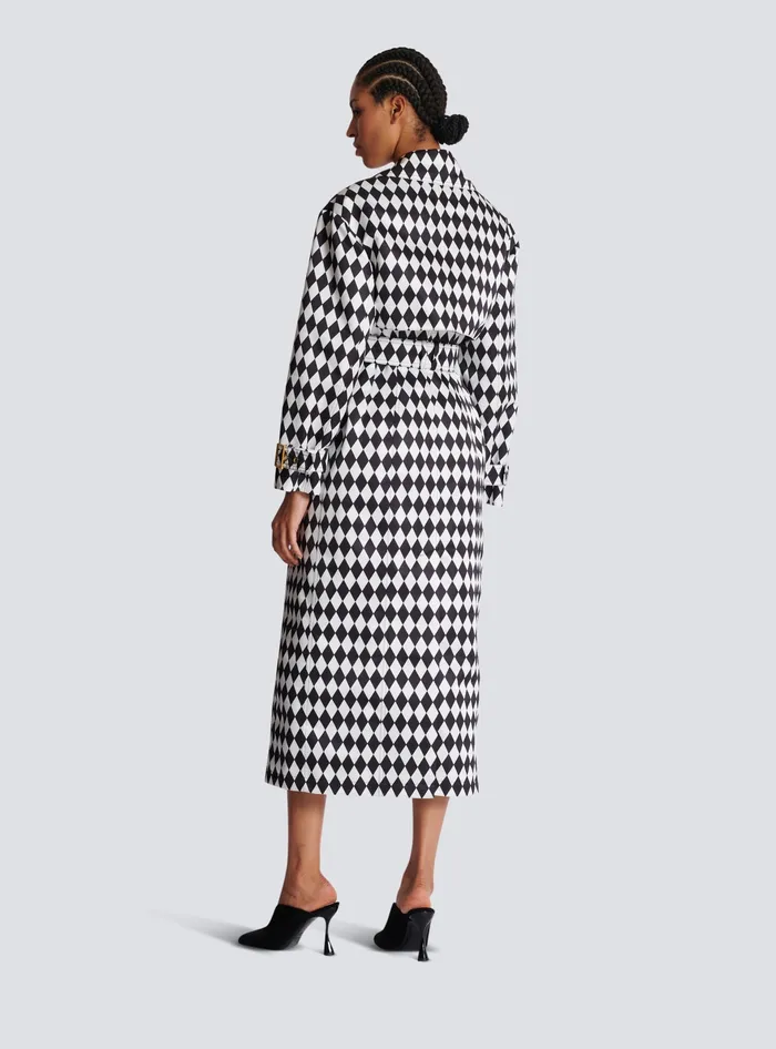 Balmain Diamond Print Belted Trench Coat Black Women Outerwear