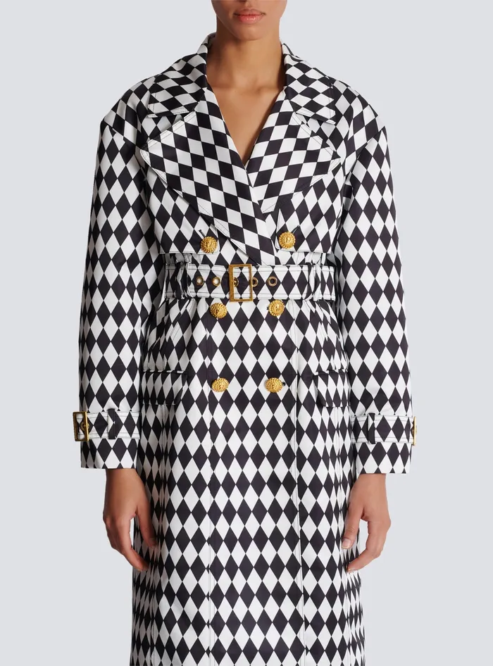 Balmain Diamond Print Belted Trench Coat Black Women Outerwear