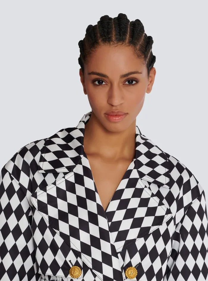Balmain Diamond Print Belted Trench Coat Black Women Outerwear