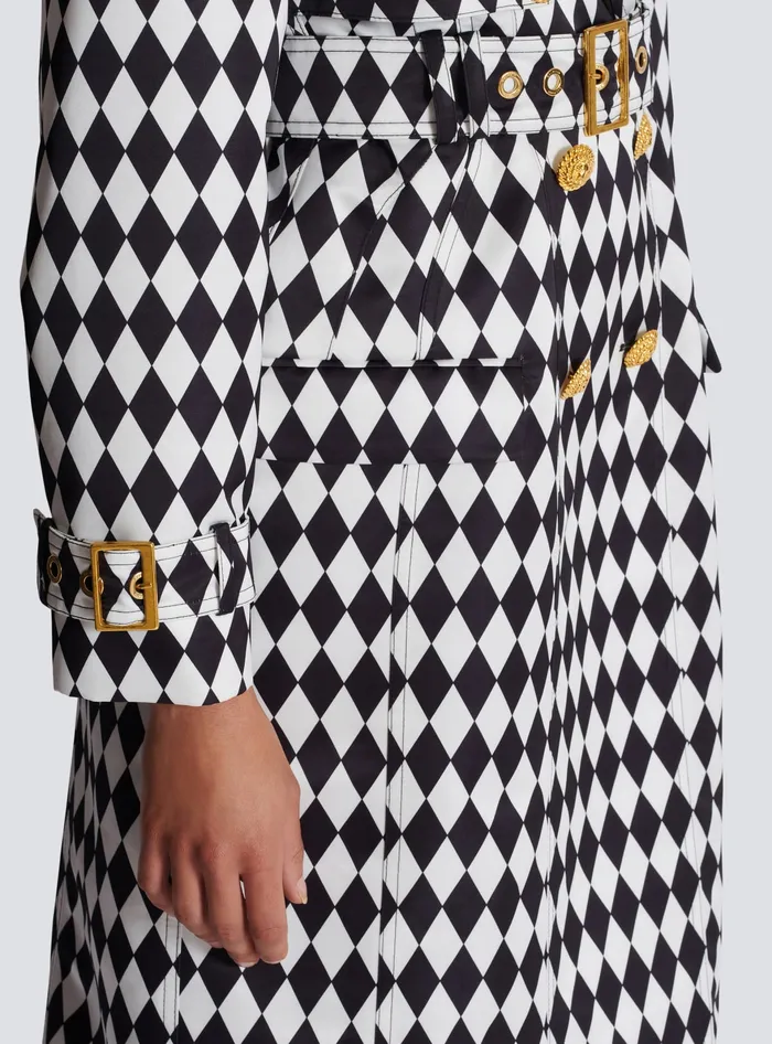 Balmain Diamond Print Belted Trench Coat Black Women Outerwear