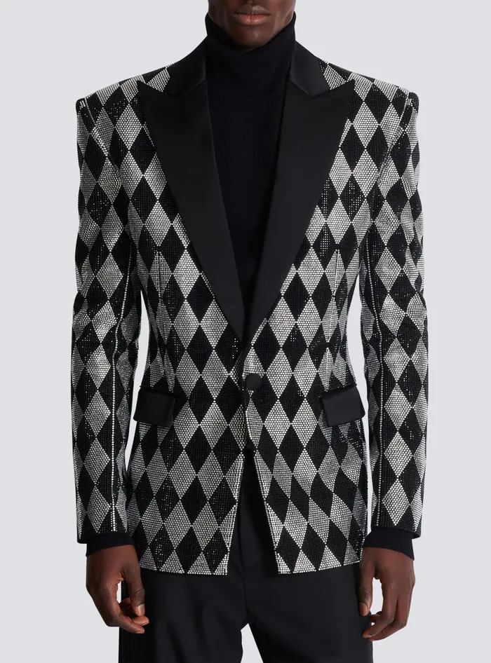 Balmain Diamond Rhinestone 1button Jacket Black Men Jackets And Blazers