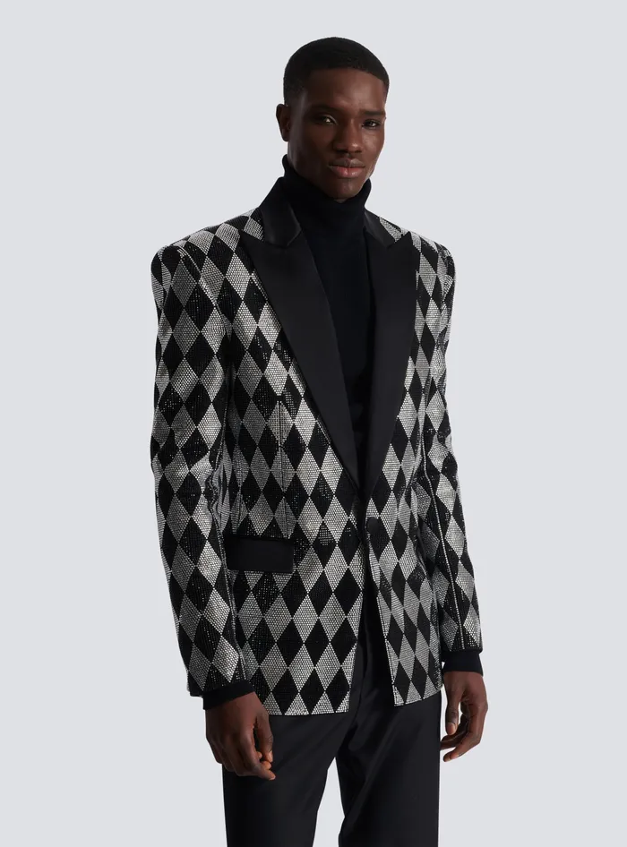 Balmain Diamond Rhinestone 1button Jacket Black Men Jackets And Blazers