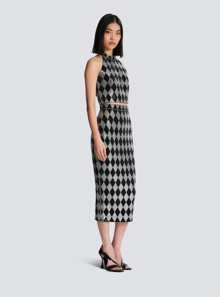 Balmain Diamond Rhinestone Midi Skirt Black Women Skirts