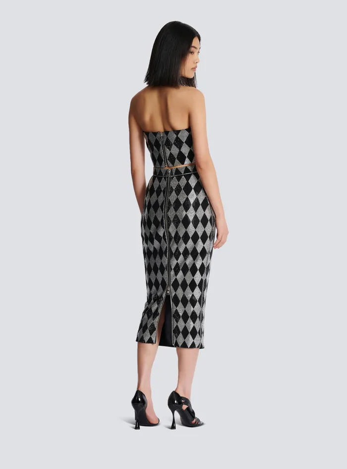 Balmain Diamond Rhinestone Midi Skirt Black Women Skirts