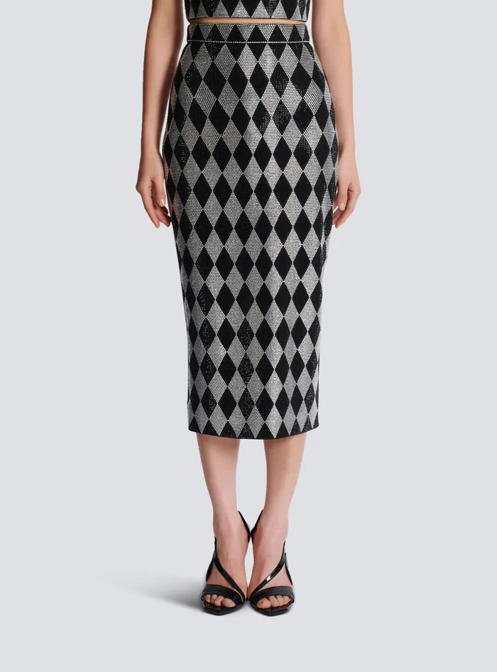 Balmain Diamond Rhinestone Midi Skirt Black Women Skirts