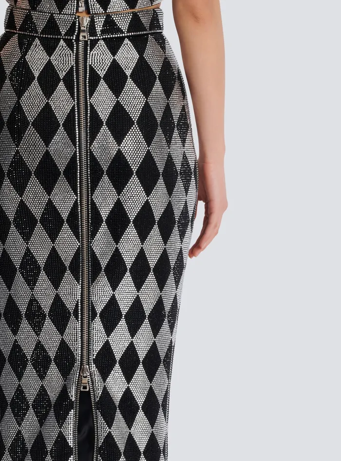 Balmain Diamond Rhinestone Midi Skirt Black Women Skirts