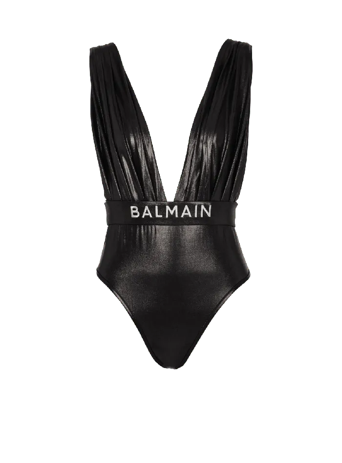 Balmain Draped Onepiece Swimsuit With Belt Black Women Swimwear